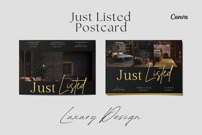 Luxury Just Listed Postcard Templates for Canva | Luxury Realtor Canva Templates | Realtor Postcards | Real Estate Templates | Mailers
