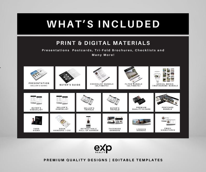 Premium EXP REALTY Real Estate Marketing Bundle | Black Templates | Sellers & Buyers Guide, Checklists, Social Media Templates | Canva