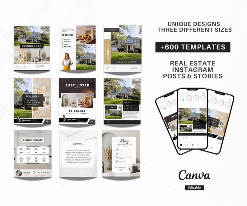 Real Estate Social Templates 2026 | Just Listed Post | Just Sold Post | Market Update Post | Real Estate Terms Post | Canva