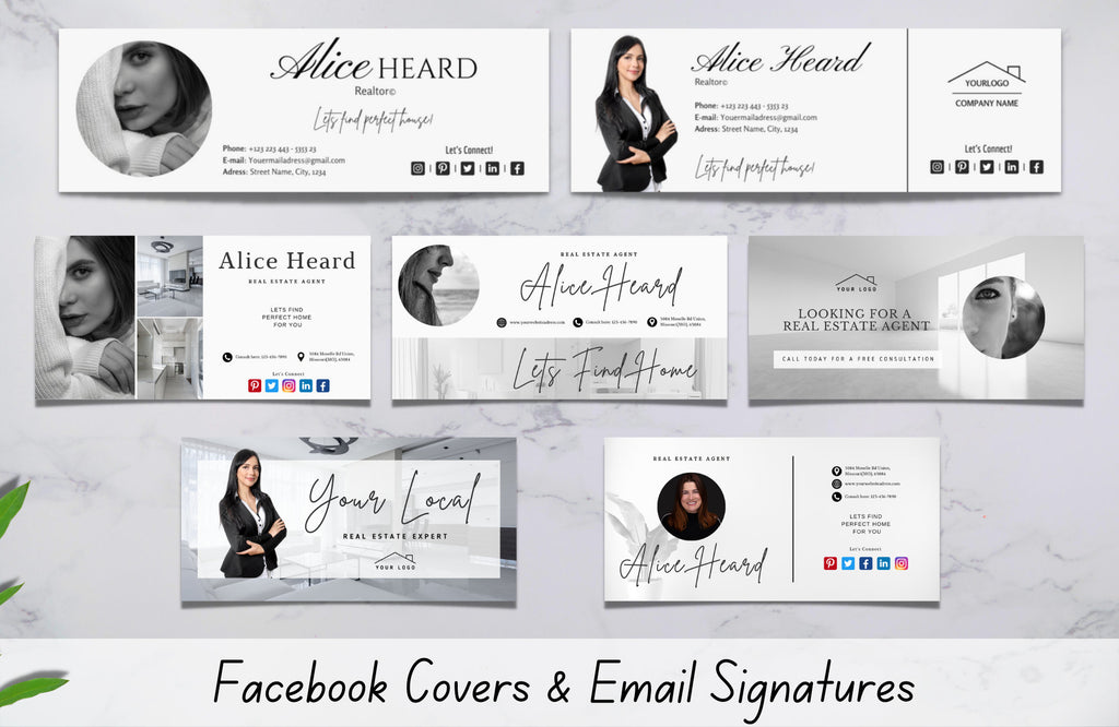 Real Estate Facebook Covers and Email Signatures. Canva Templates. Realtor Templates. Fully Editable Realtor Templates.