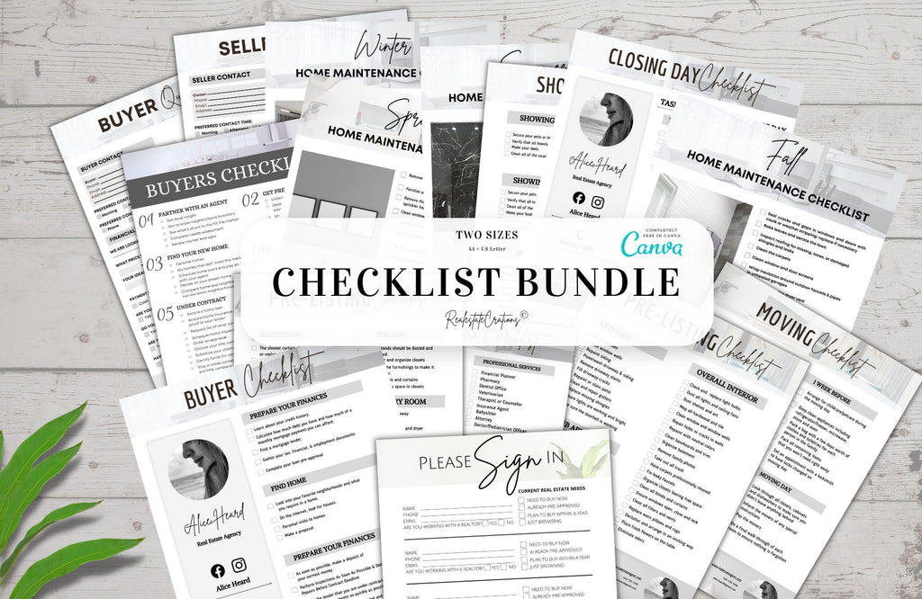 Real Estate Checklist Bundle, Realtor Marketing Templates, Showing Checklist, Buying Checklist, Moving Checklist, Closing Day Checklist