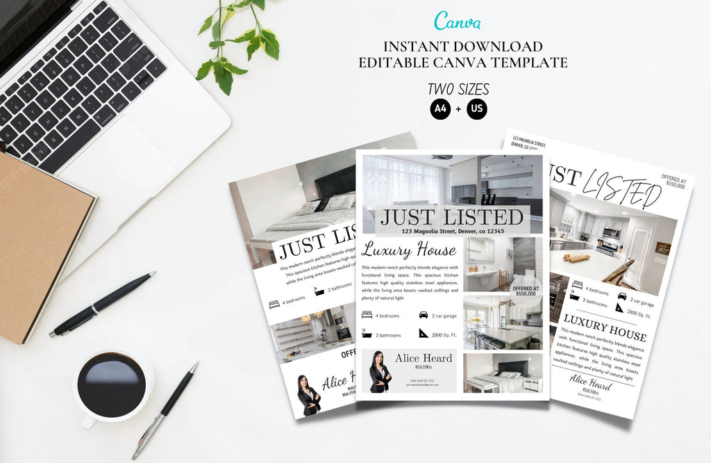 Just Listed Flyer, Real Estate Flyer Template, Realtor Flyer, Real Estate Marketing, Realtor Marketing, Customize, Editable, Canva Template