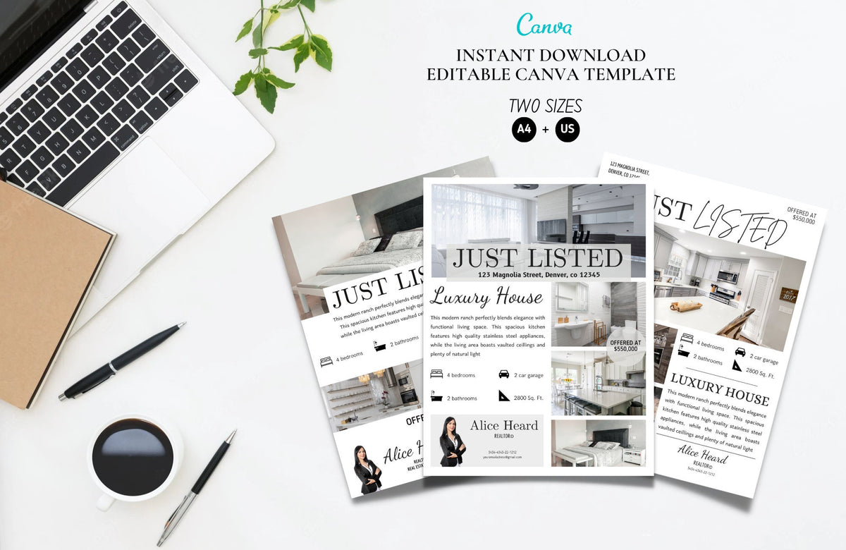 Just Listed Flyer, Real Estate Flyer Template, Realtor Flyer, Real Estate Marketing, Realtor Marketing, Customize, Editable, Canva Template