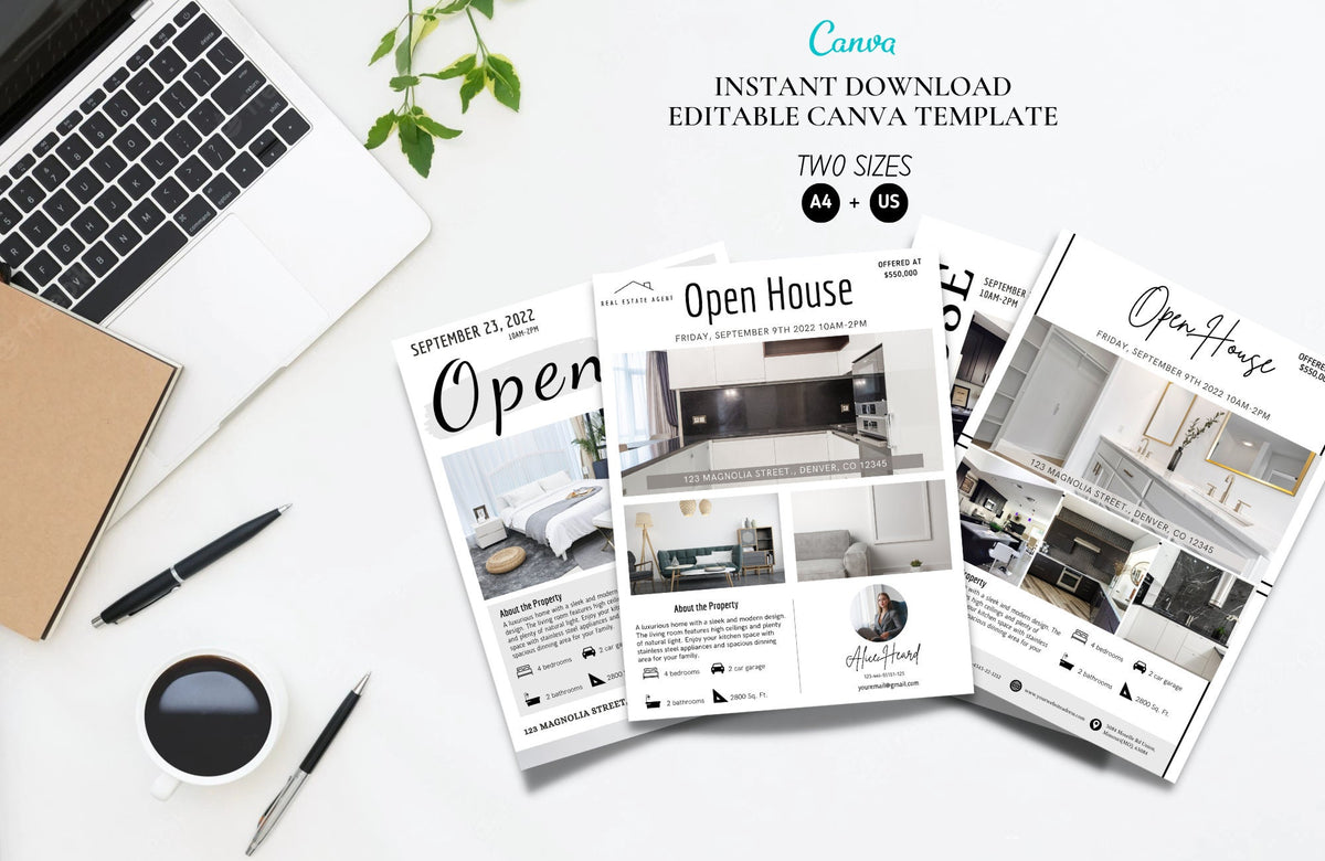 Open House Flyer Templates | Four Page Open House Flyer | Realtor Flyer | Real Estate Marketing | Canva Template | Full Editable | A4 + US