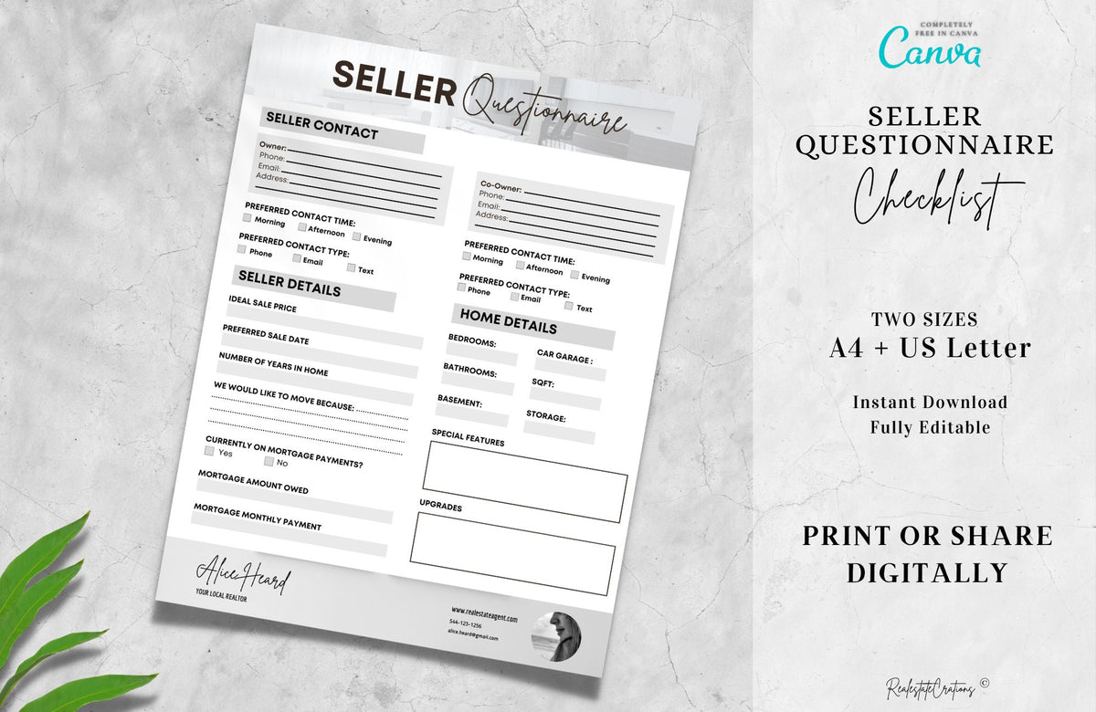 Real Estate Seller Questionnaire, Seller Consultation Form, Client Questionnaire Form, Real Estate Planning, Instant download, Canva free