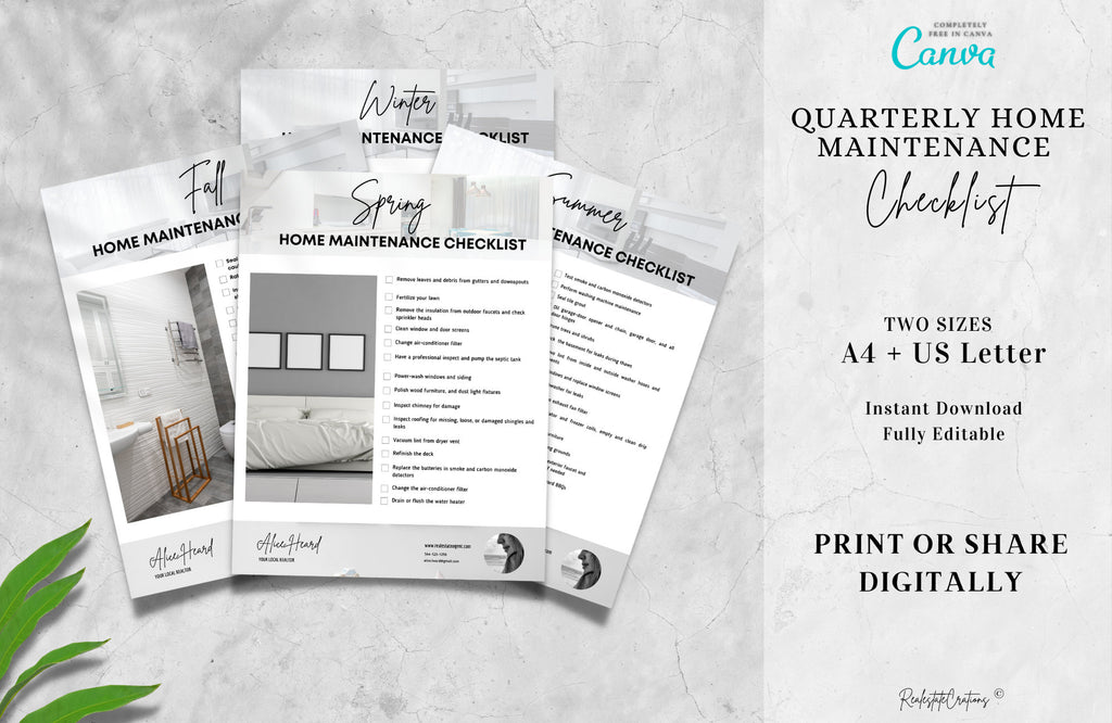 Quarterly & Monthly Home Maintenance Checklists, Real estate flyer template, Realtor marketing, Printable, Editable, Canva, A4 + US Letter,