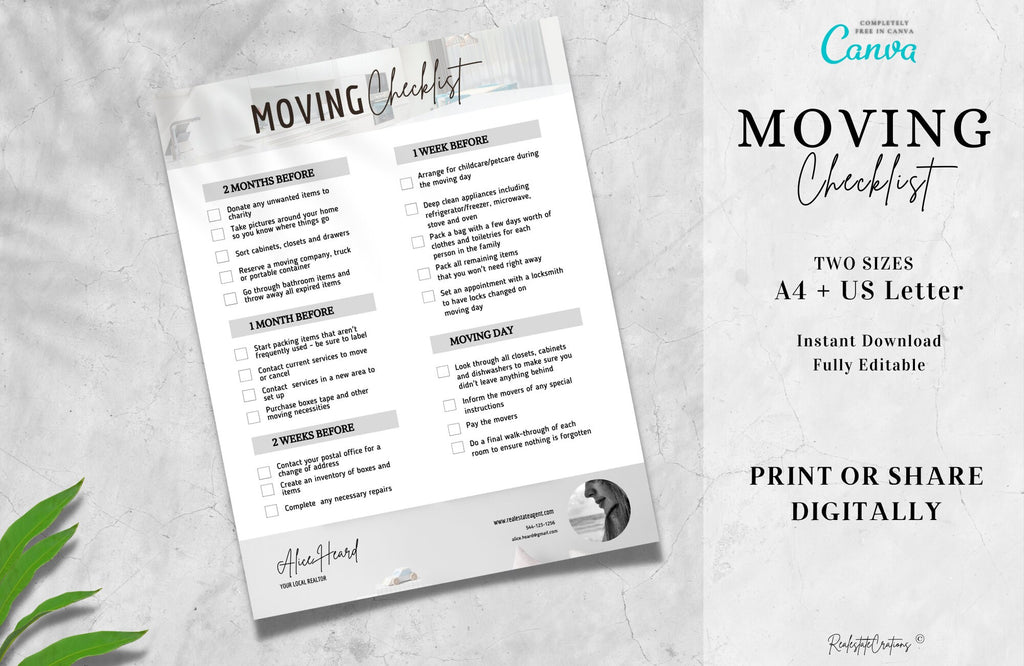 Real Estate Moving Checklist, realtor moving guide, printable moving to-do list, moving planner, realtor marketing, moving flyer, Canva