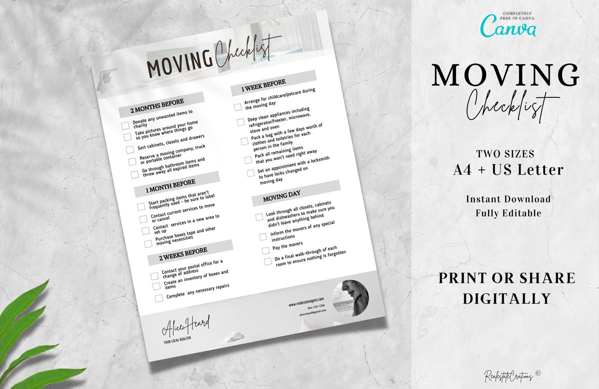 Real Estate Moving Checklist, realtor moving guide, printable moving to-do list, moving planner, realtor marketing, moving flyer, Canva