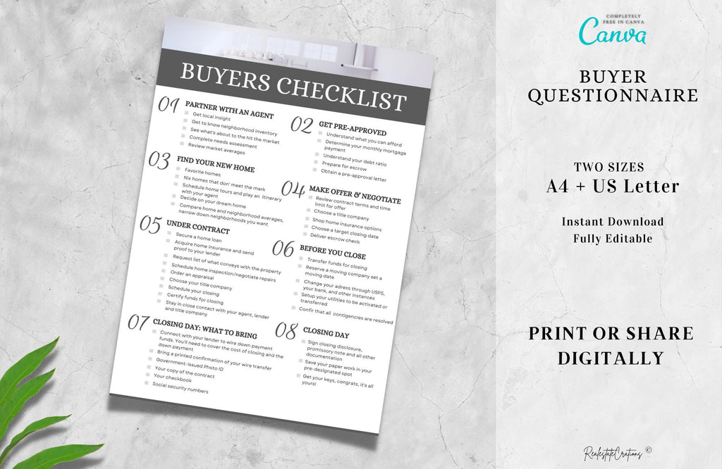 Real Estate Home Buyer's Checklist, Real Estate Marketing, Printable Checklist, Real Estate Buyer's Guide, Canva Template, A4 + US Letter