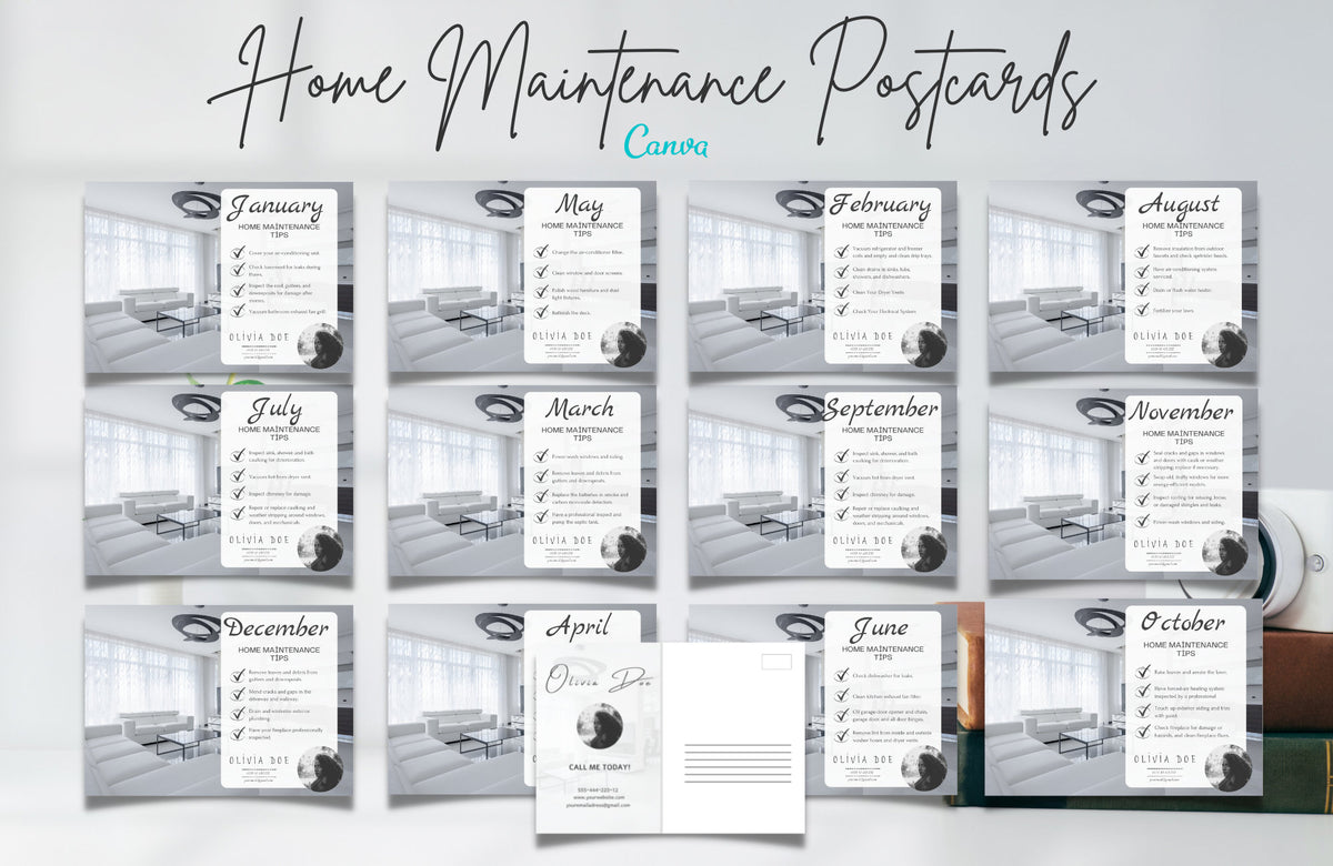 12 Monthly Maintenance Tips Postcards | Real Estate Postcards | Real Estate Marketing | Realtor Farming Postcards, Realtor postcards, Canva
