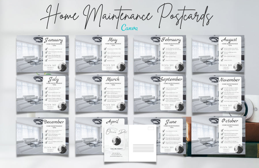 12 Monthly Maintenance Tips Postcards | Real Estate Postcards | Real Estate Marketing | Realtor Farming Postcards, Realtor postcards, Canva