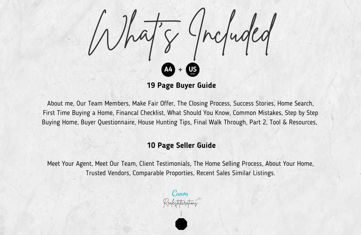 Real Estate Buyer and Seller Guide, Realtor Buyer Packet & Seller Packet, A4 and US Letter Size, Free Canva Templates.