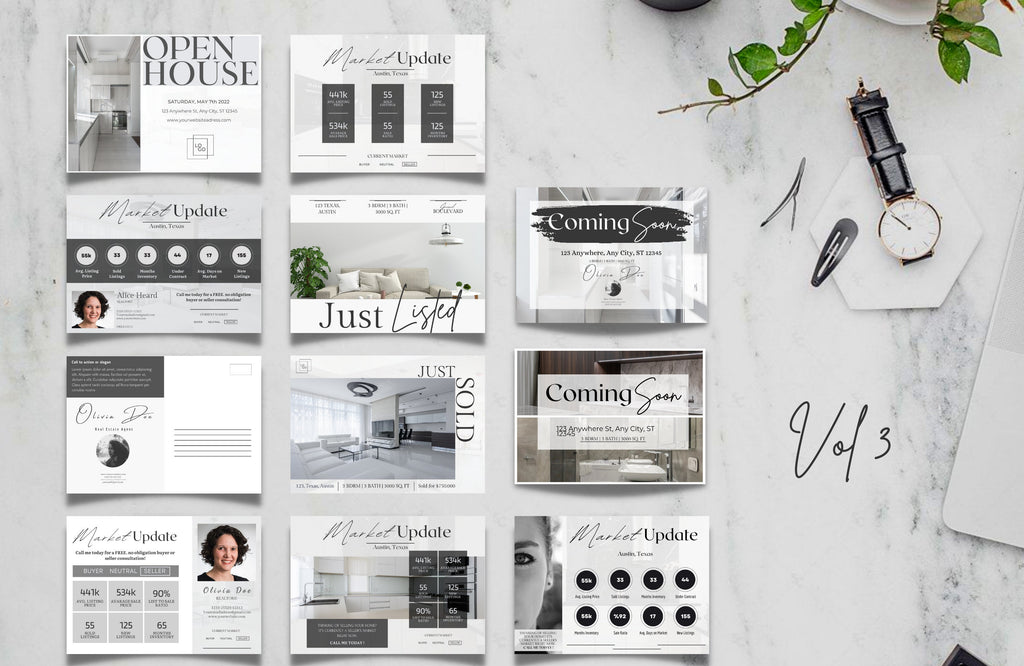 Real Estate Postcard Bundle, Postcard Templates, Market Update, Just Sold, Just Listed, Open House Postcards. Full editable. Free in Canva