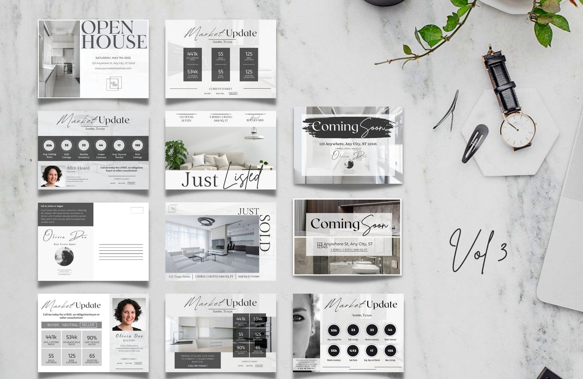 Real Estate Postcard Bundle, Postcard Templates, Market Update, Just Sold, Just Listed, Open House Postcards. Full editable. Free in Canva