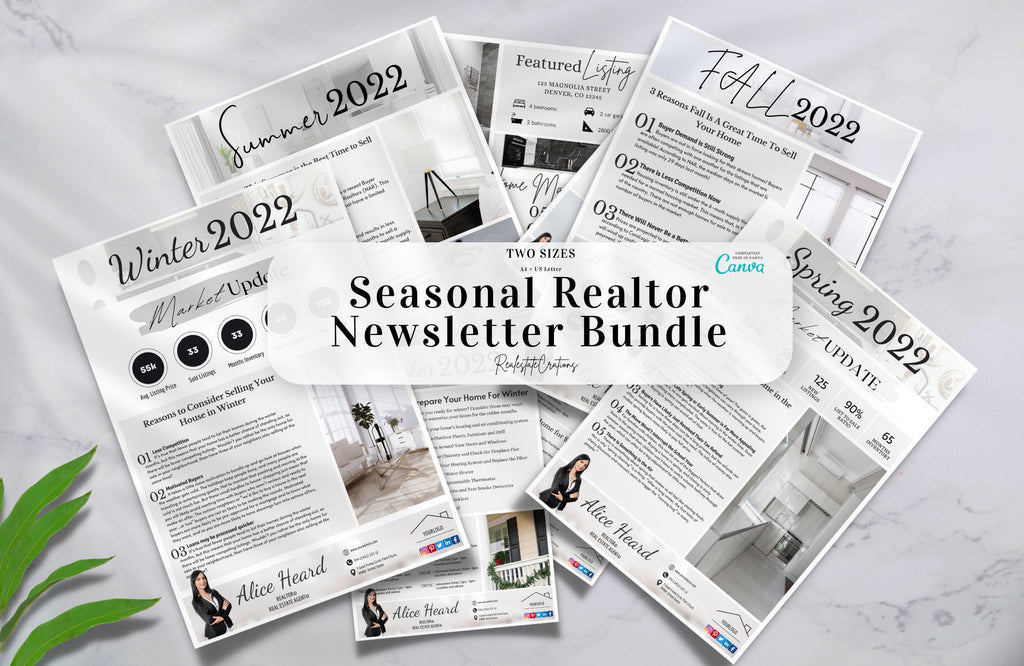 Real Estate Newsletter Bundle, Summer, Winter, Fall, Spring | Real estate marketing, Realtor newsletter, Realtor Marketing. Canva Editable