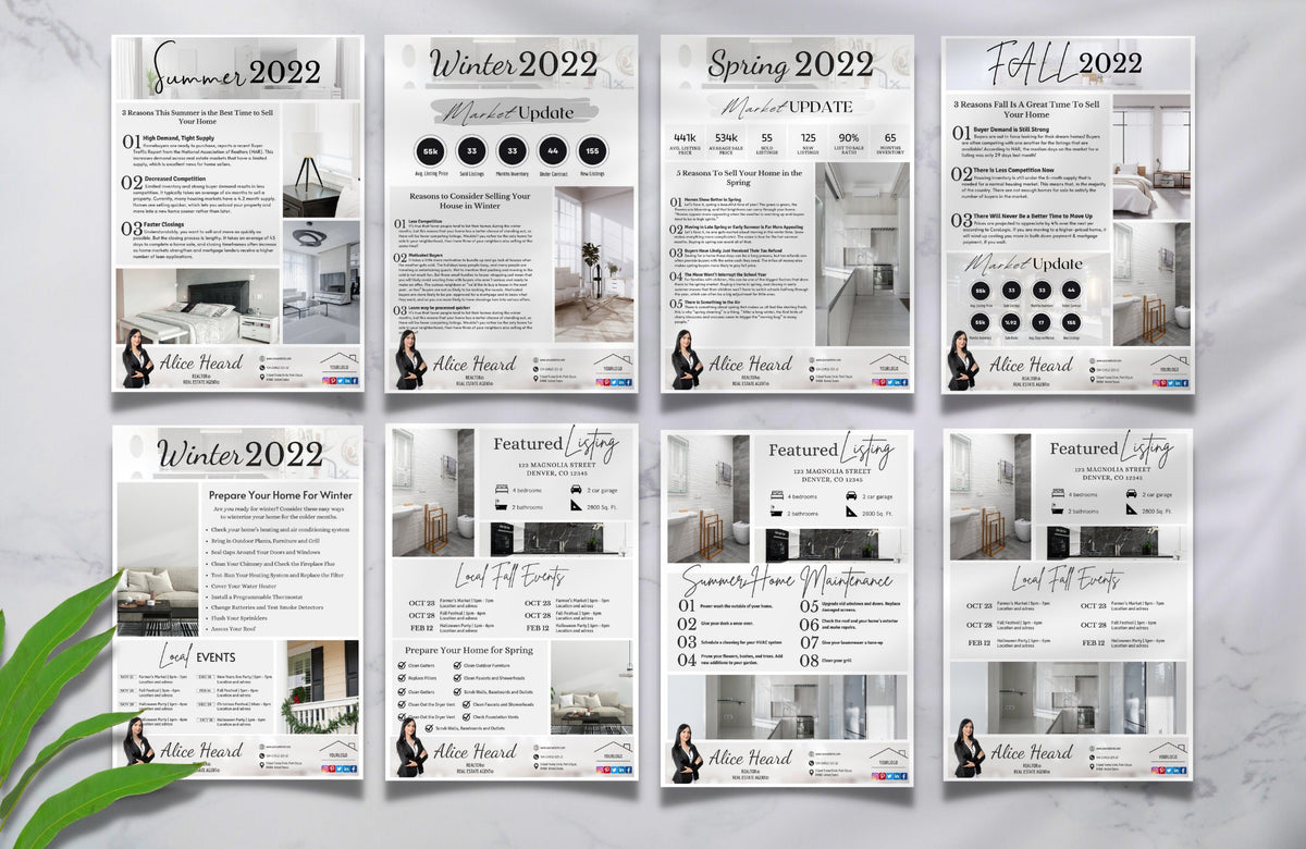 Real Estate Newsletter Bundle, Summer, Winter, Fall, Spring | Real estate marketing, Realtor newsletter, Realtor Marketing. Canva Editable