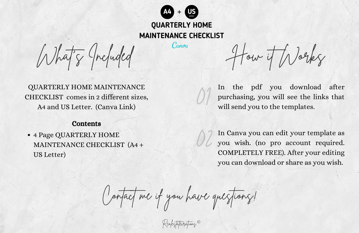 Quarterly & Monthly Home Maintenance Checklists, Real estate flyer template, Realtor marketing, Printable, Editable, Canva, A4 + US Letter,