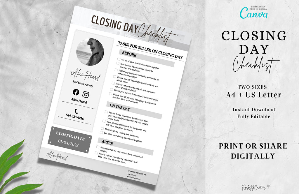 Closing Checklist, Real Estate Checklist, Seller Closing Day Checklist, Seller Checklist, A4 + US Letter, Canva Template, Fully Editable