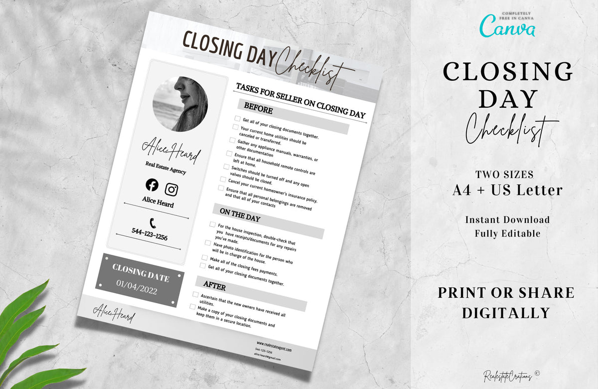 Closing Checklist, Real Estate Checklist, Seller Closing Day Checklist, Seller Checklist, A4 + US Letter, Canva Template, Fully Editable