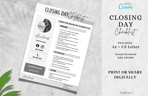Closing Checklist, Real Estate Checklist, Seller Closing Day Checklist, Seller Checklist, A4 + US Letter, Canva Template, Fully Editable