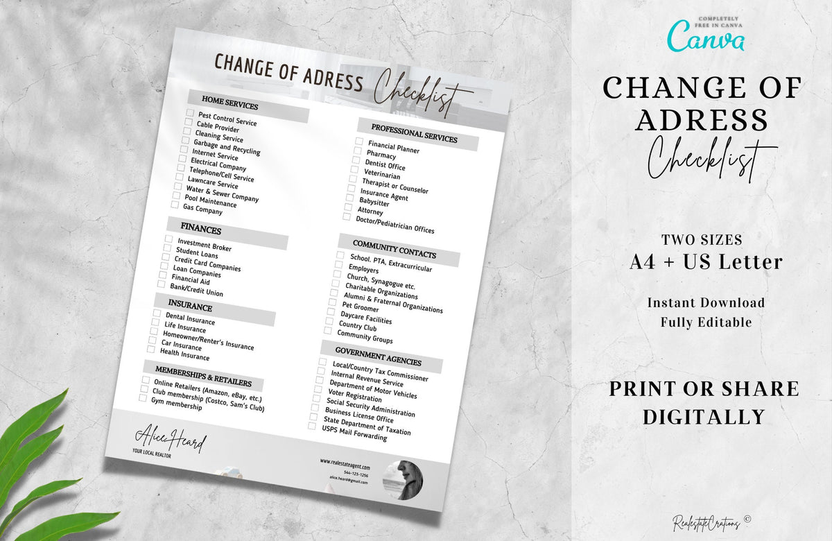 Change of Address Checklist, Real Estate Marketing, Real Estate Flyer, Closing Checklist, Real Estate Checklist, Moving Checklist, Canva