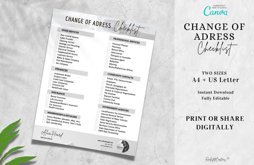 Change of Address Checklist, Real Estate Marketing, Real Estate Flyer, Closing Checklist, Real Estate Checklist, Moving Checklist, Canva