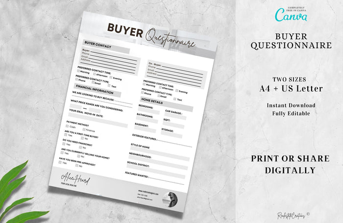 Real Estate Buyer Questionnaire| Client Questionnaire Form | Buyer Consultation Form| Real Estate Planning | Home Buyer | Canva | Instant