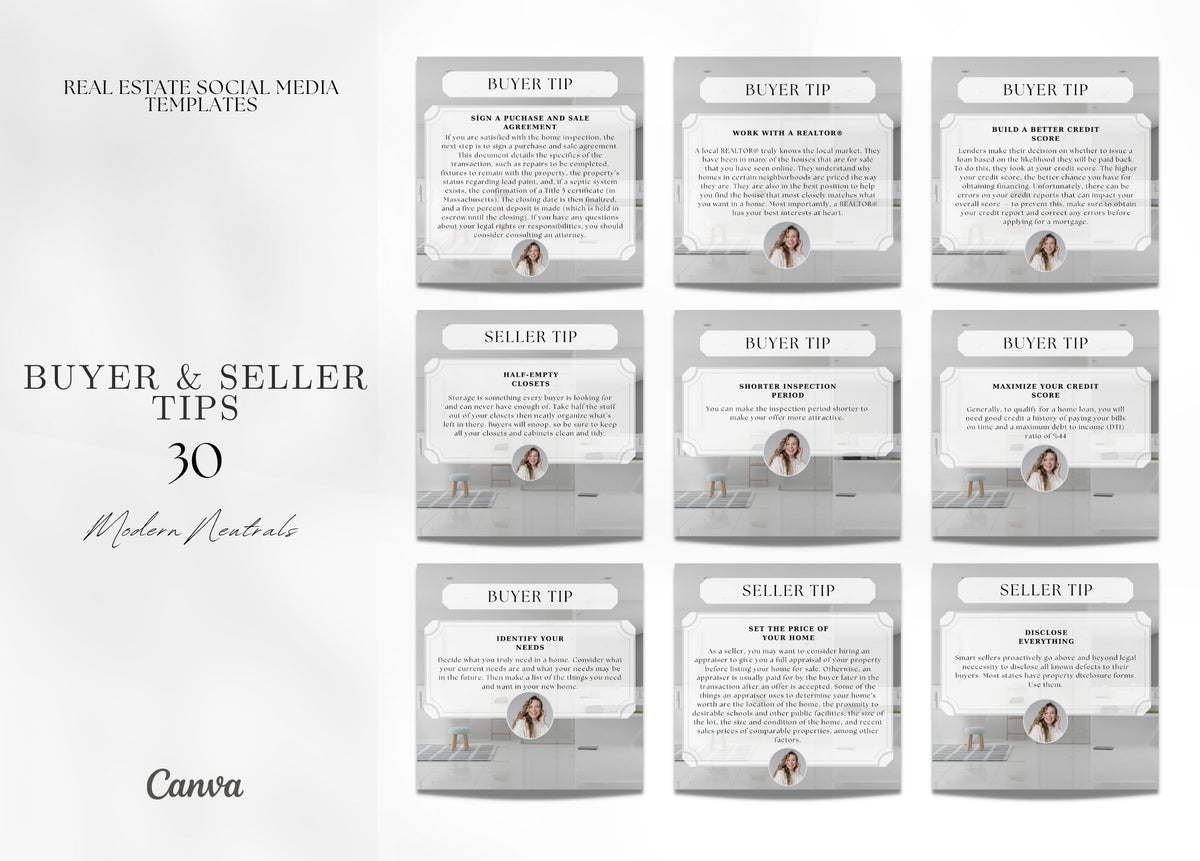 30 Buyer & Seller Tips Social Media Posts | Buyer and Seller Tips Instagram Posts | Real Estate Marketing | Facebook Posts