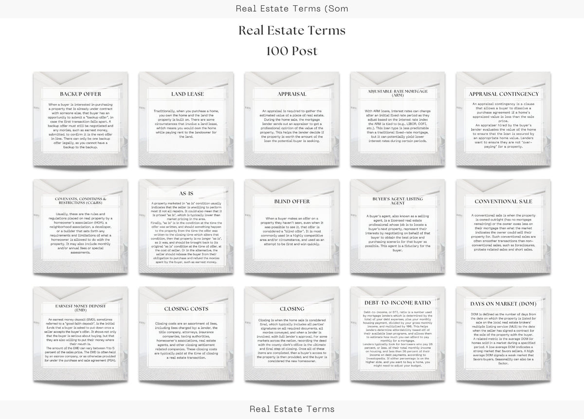 100 Real Estate Terms Social Media Posts | Real Estate Terms Instagram Posts | Real Estate Marketing | Instagram | Facebook Posts |