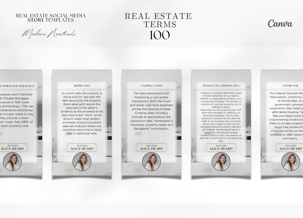 Real Estate Terms Story Templates | 100 Real Estate Term Stories | Real Estate Marketing | Realtor Marketing | Canva