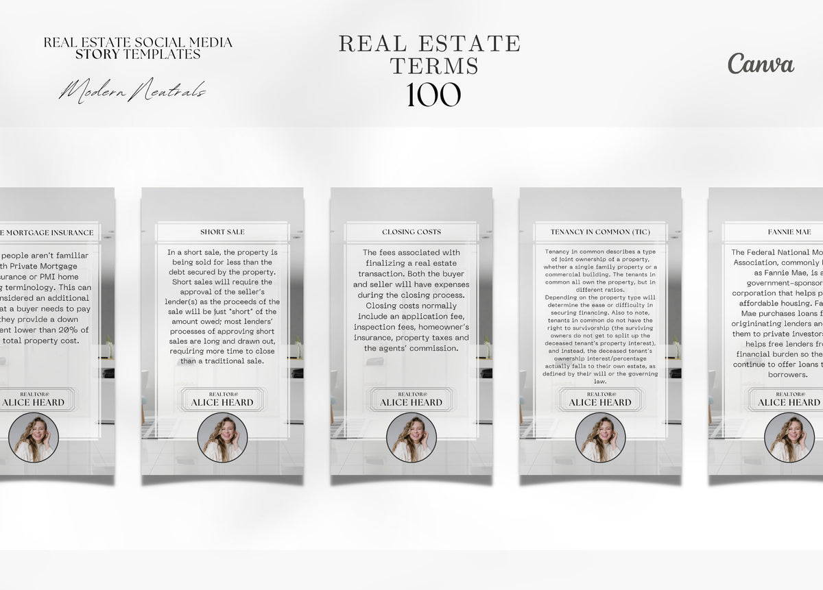 Real Estate Terms Story Templates | 100 Real Estate Term Stories | Real Estate Marketing | Realtor Marketing | Canva
