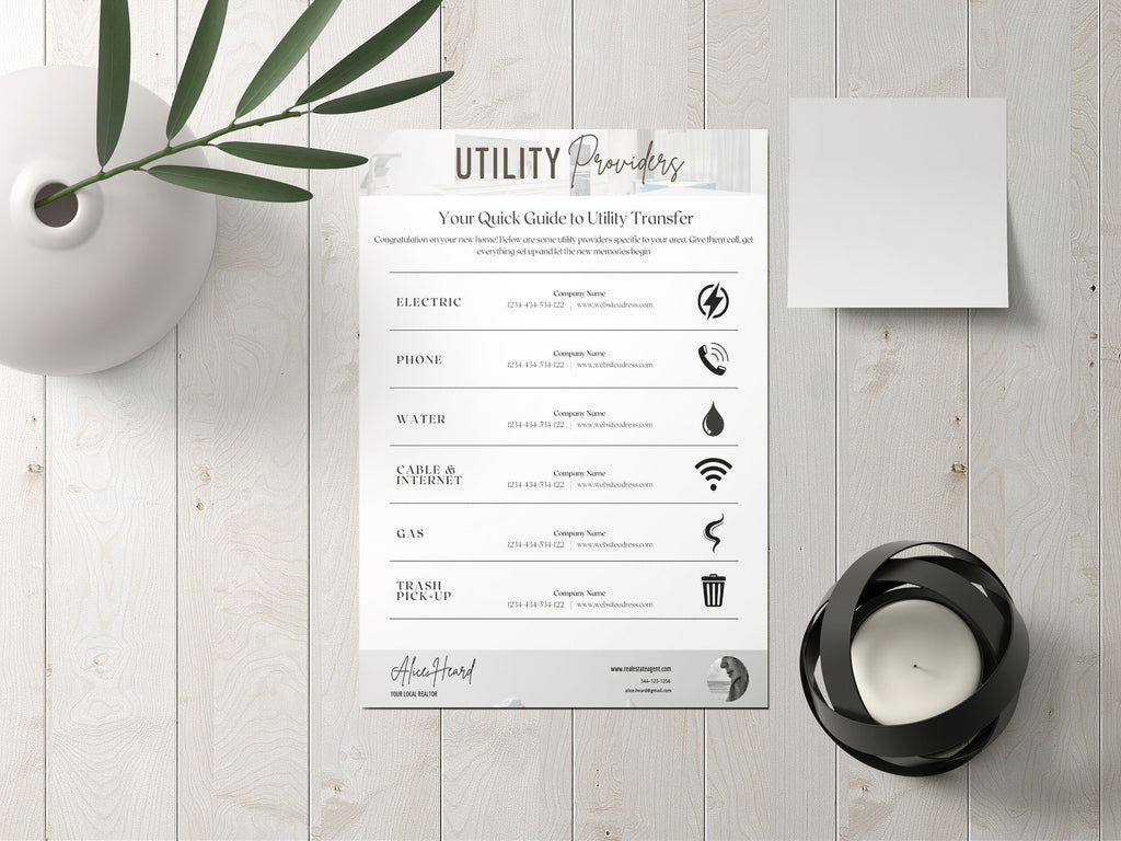 Utility Providers List Flyer, Real Estate Marketing, Real Estate Utility Information Sheet, New Client Welcome Packet, Closing Flyer