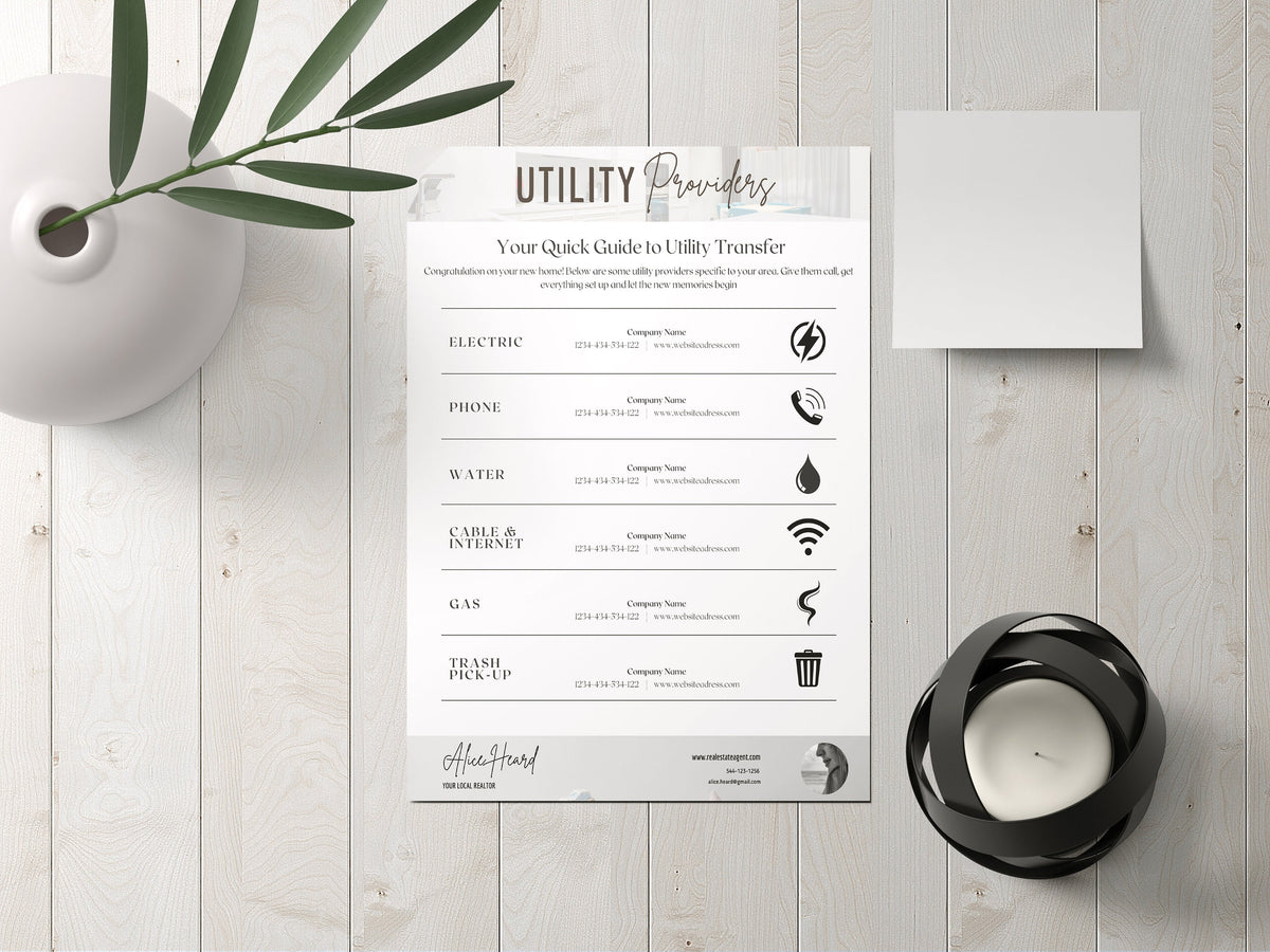 Utility Providers List Flyer, Real Estate Marketing, Real Estate Utility Information Sheet, New Client Welcome Packet, Closing Flyer