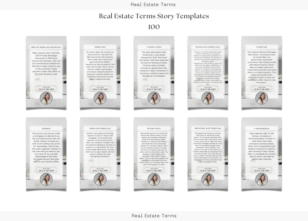 Real Estate Terms Story Templates | 100 Real Estate Term Stories | Real Estate Marketing | Realtor Marketing | Canva