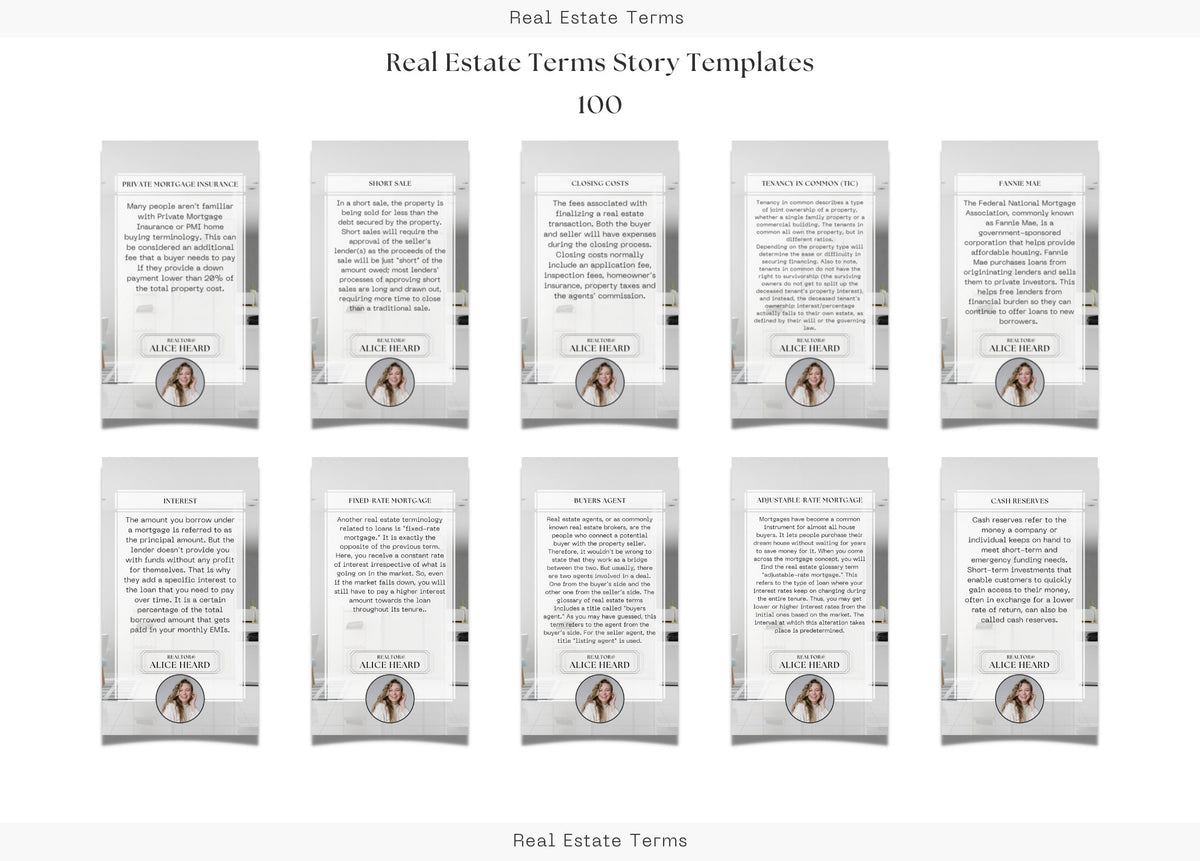 Real Estate Terms Story Templates | 100 Real Estate Term Stories | Real Estate Marketing | Realtor Marketing | Canva