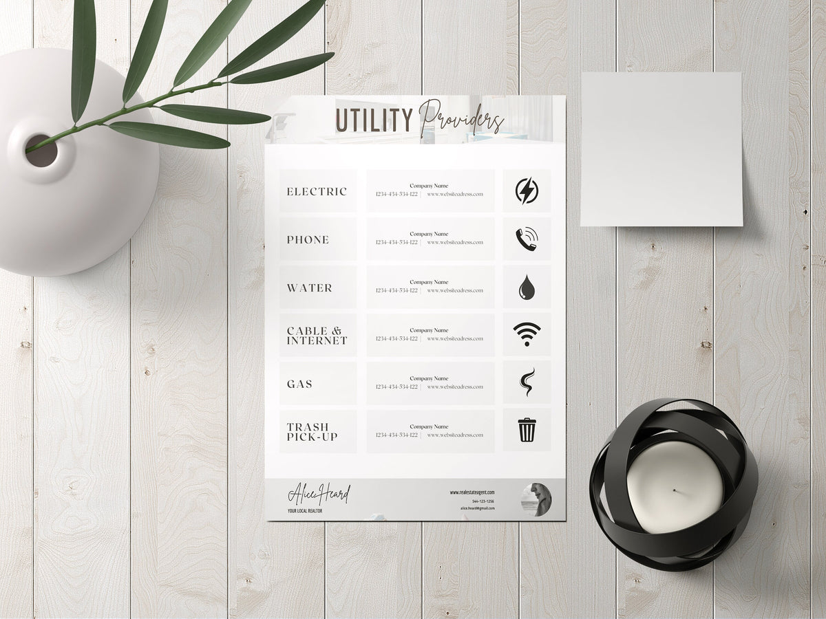 Utility Providers List Flyer, Real Estate Marketing, Real Estate Utility Information Sheet, New Client Welcome Packet, Closing Flyer
