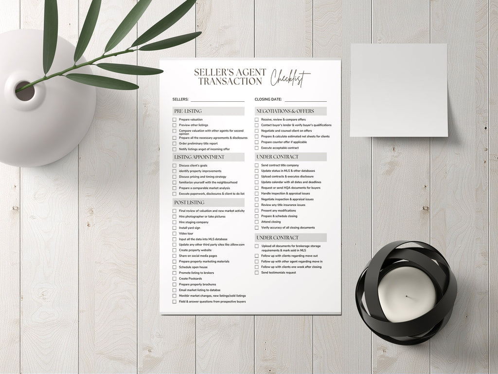 Seller's Agent Transaction Checklist, Real Estate Transaction Checklist Template, Listing Checklist for Agents, Realtor Marketing
