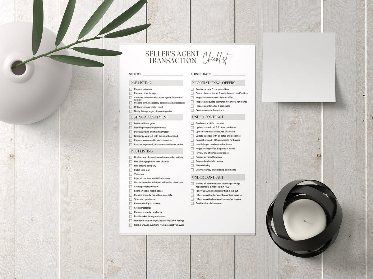 Seller's Agent Transaction Checklist, Real Estate Transaction Checklist Template, Listing Checklist for Agents, Realtor Marketing