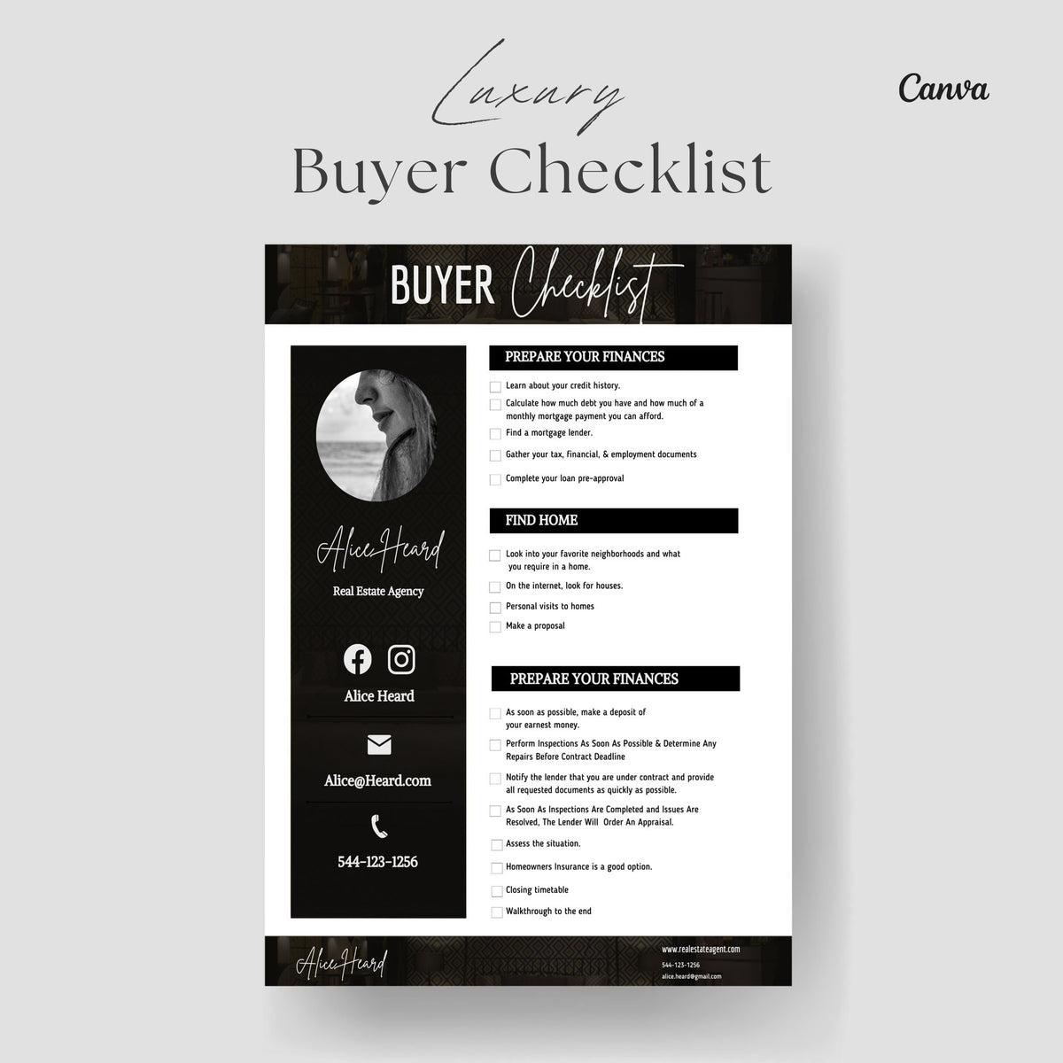 Real Estate Home Buyer's Checklist, Luxury Real Estate Marketing, Printable Checklist, Real Estate Buyer's Guide, Canva Template
