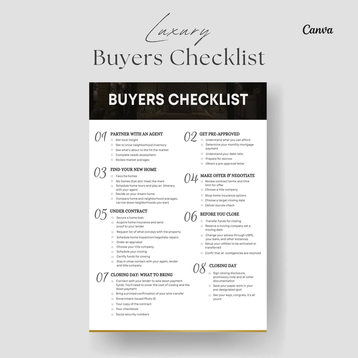 Luxury Real Estate Home Buyer's Checklist, Real Estate Marketing, Printable Checklist, Real Estate Buyer's Guide, Canva Template