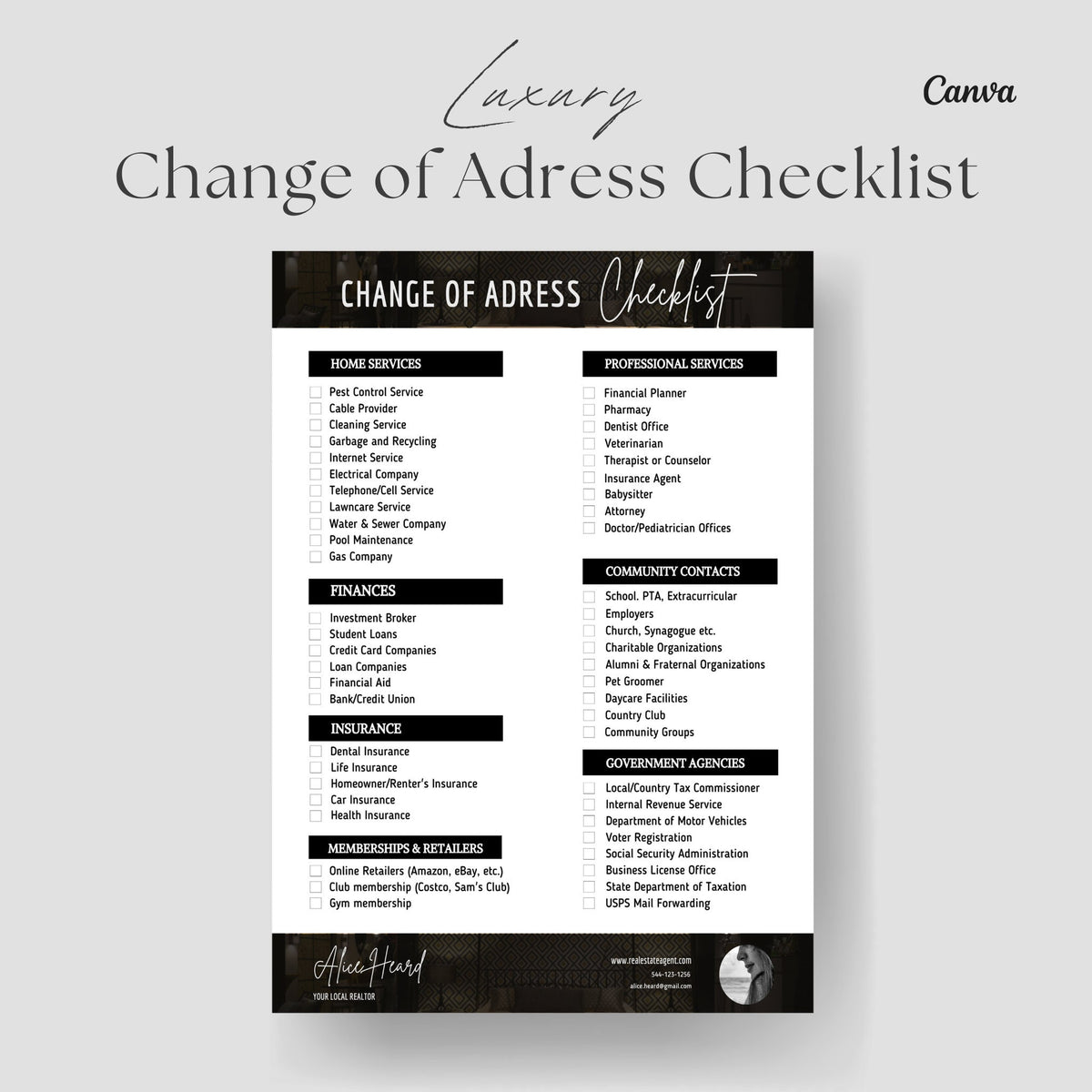 Change of Address Checklist, Real Estate Marketing, Real Estate Flyer, Closing Checklist, Real Estate Checklist, Moving Checklist, Canva