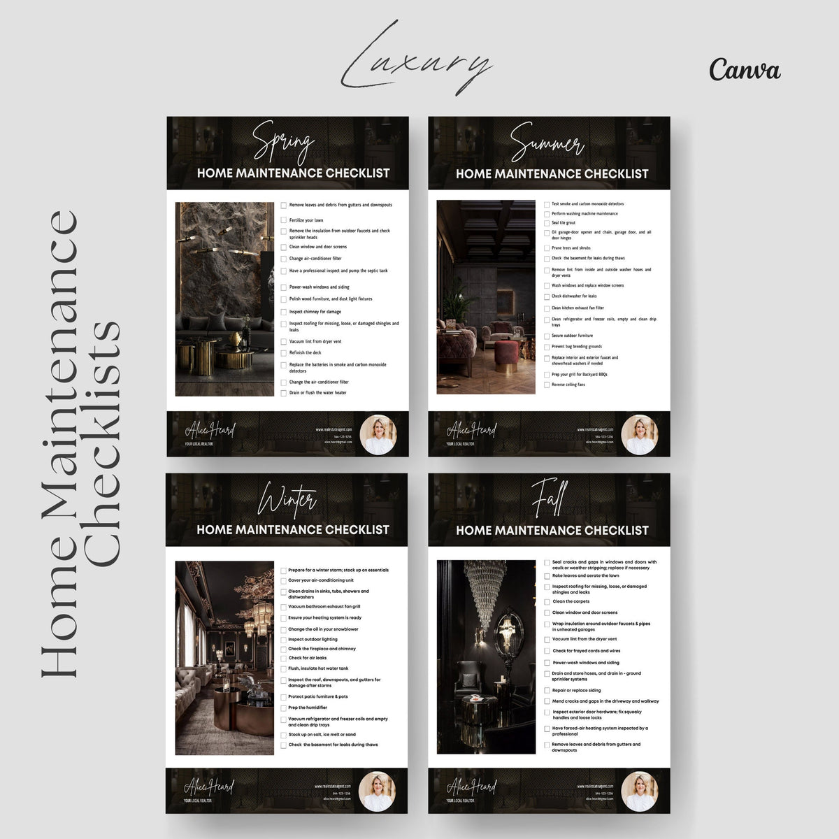 Quarterly & Monthly Home Maintenance Checklists, Real estate flyer template, Realtor marketing, Printable, Editable, Canva, Luxury