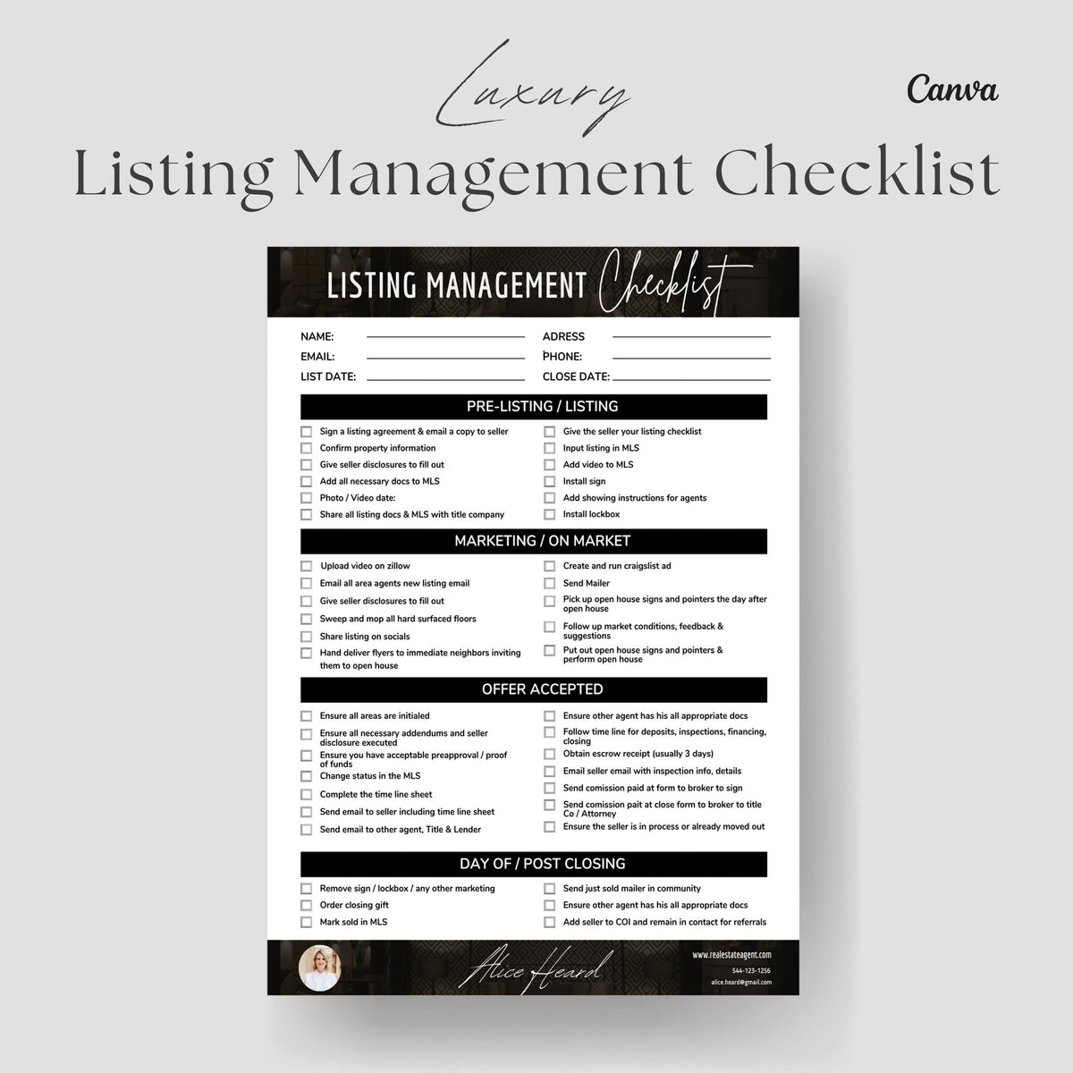 Luxury Real Estate Listing Management Checklist, Real Estate Marketing, Listing to Close Checklist, Realtor Checklist, Realtor Marketing
