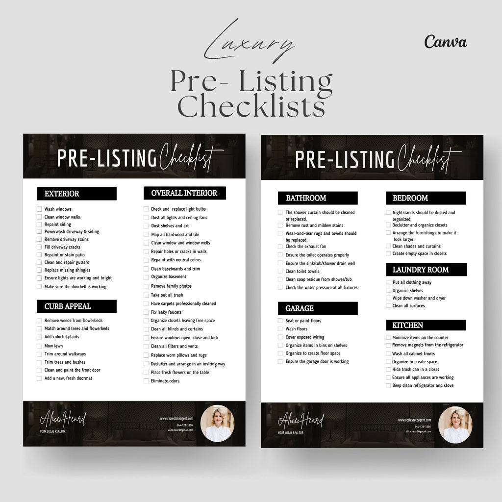 Luxury Real Estate Pre-Listing Checklists | Real Estate Marketing | Black Real Estate Checklist | Realtor Template | Canva Template