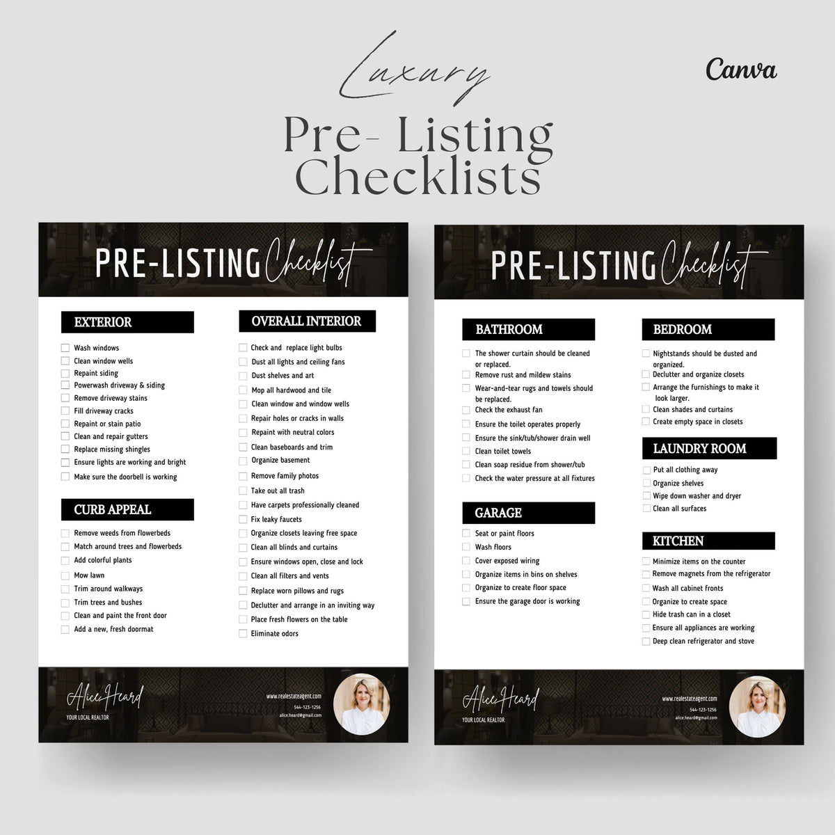 Luxury Real Estate Pre-Listing Checklists | Real Estate Marketing | Black Real Estate Checklist | Realtor Template | Canva Template
