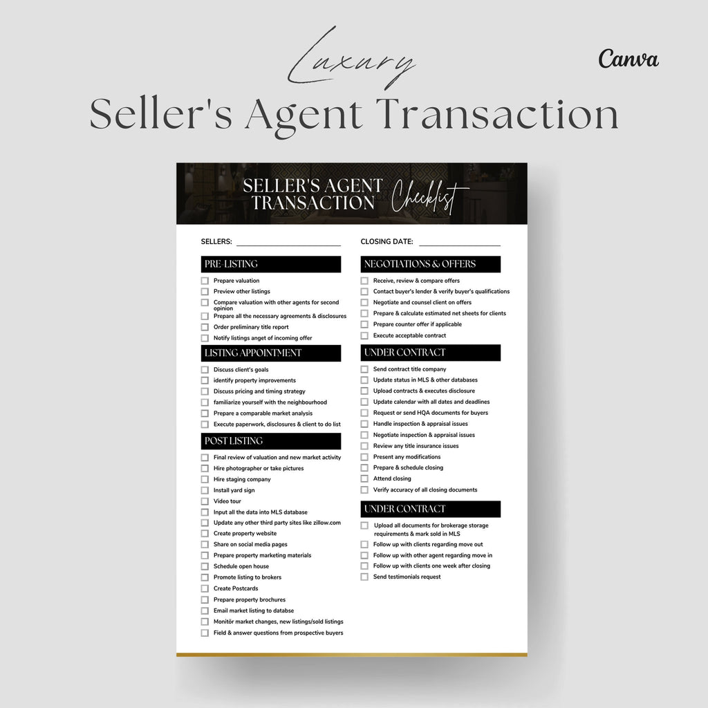 Luxury Seller's Agent Transaction Checklist, Real Estate Transaction Checklist Template, Listing Checklist for Agents, Realtor Marketing