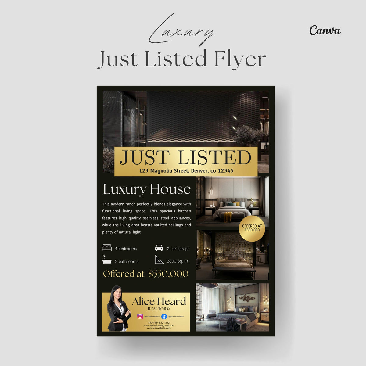 Luxury Just Listed Flyer, Real Estate Canva Template | For Sale By Owner Flyer | Black Realtor Flyer for New Listings, Real Estate Marketing