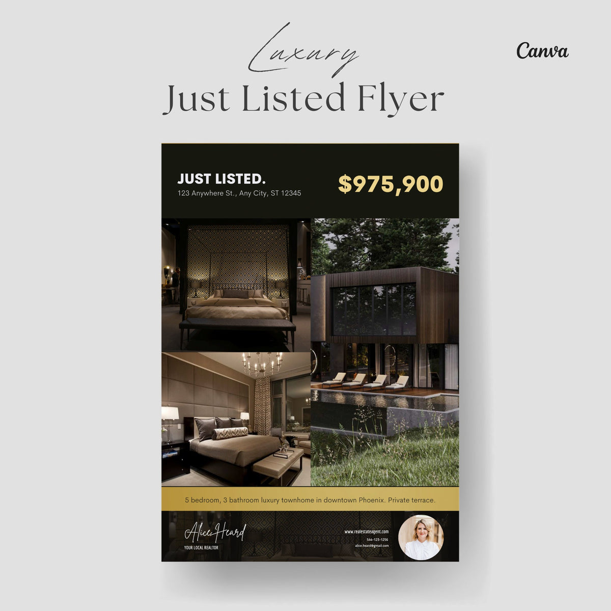 Luxury Just Listed Flyer, Real Estate Canva Template | For Sale By Owner Flyer | Black Realtor Flyer for New Listings, Real Estate Marketing