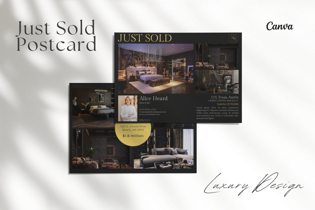 Luxury Just Sold Postcard Templates for Canva | Real Estate Templates | Luxury Realtor Canva Templates | Mailers