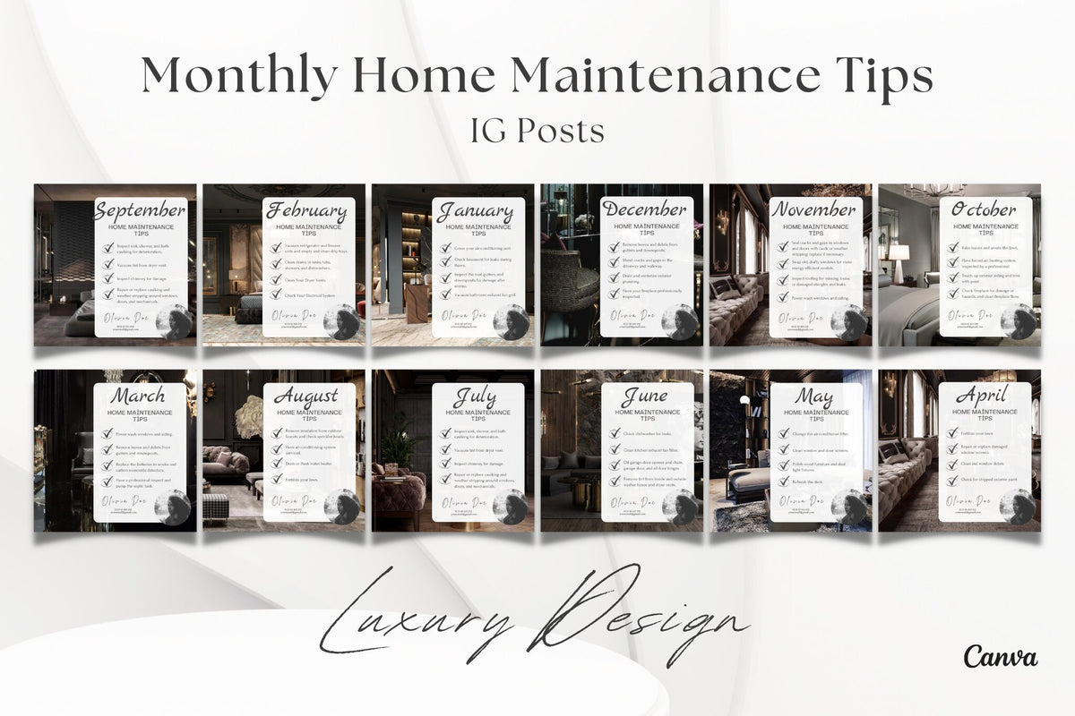 12 Monthly Home Maintenance Tip Social Media Posts | Real Estate Marketing | Instagram Posts | Luxury Realtor | Luxury Real Estate